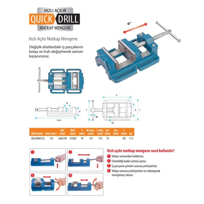 Kanca Quick-Release Drill Vice 125 mm